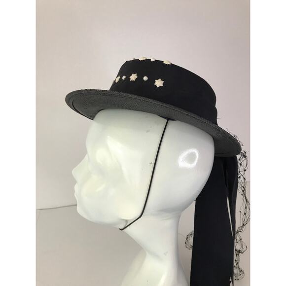 Vintage 1940s Straw Sailor Hat with Star Studs Black & White Dainty Fascinator - Picture 5 of 10